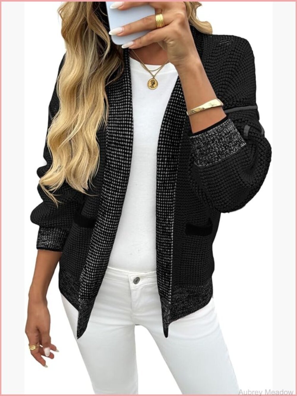 Open Front Waffle Knit Cardigan Long Sleeve Shawl Collar Sweater Coat with